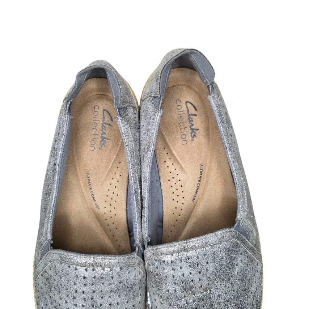 Clarks Womens Size 9 Metallic Silver Leather Slip On Espadrille Loafers